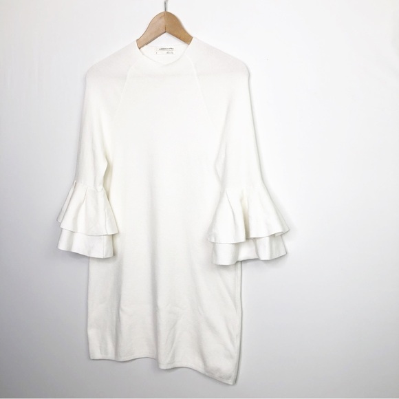 𝅺Anthropologie ivory knit double ruffle sleeve winter white dress - Picture 3 of 9
